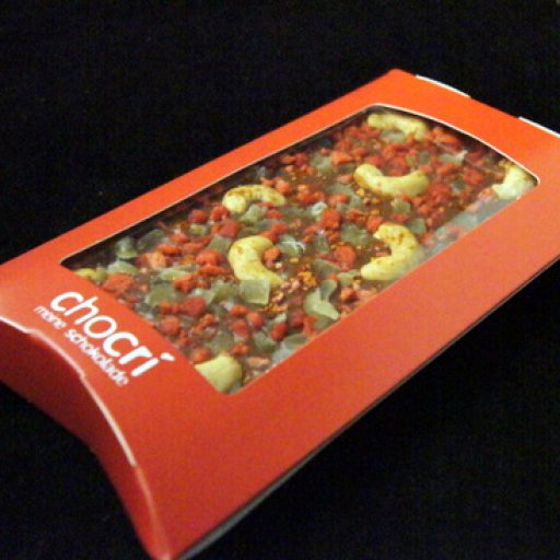 Ginger, Ground Chili, Volcano Cashews & Bacon Milk Chocolate Bar from Chocri