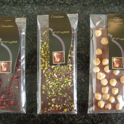 100g bars Fortunato 68% cranberries, pomme granate, goji and pistachios. 100g bars Grenada 38% with Piemonte hazelnuts, for Chocolate Week London.